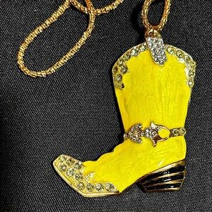 Yellow Cowboy Boot Necklace, New with Tags, on a 24” gold tone chain.